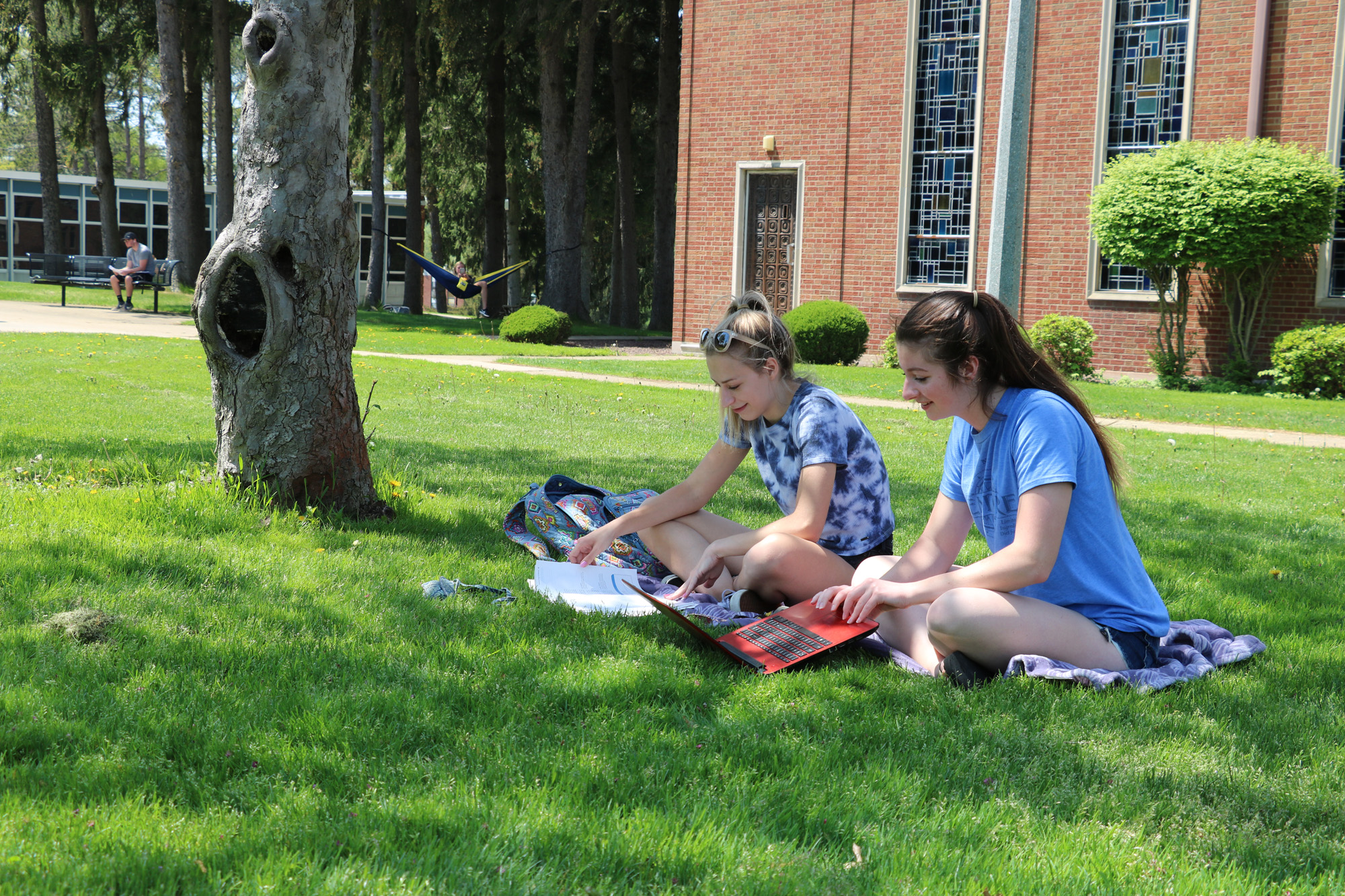 Students sitting on lawn.